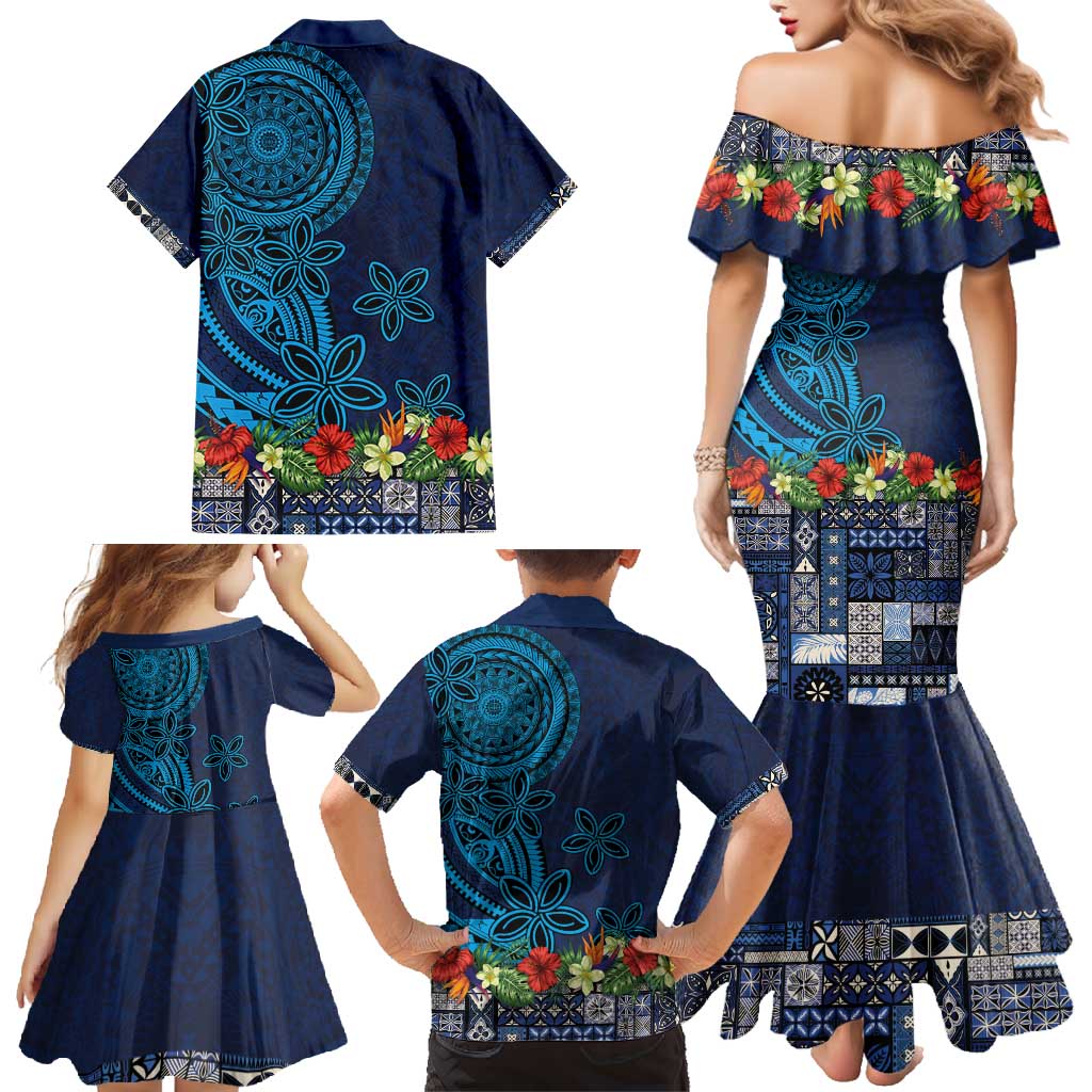 Samoa Siapo Polynesian Art Family Matching Mermaid Dress and Hawaiian Shirt Tropical Flowers and Tatau Pattern Navy