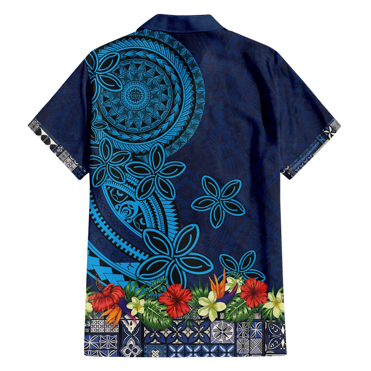 Samoa Siapo Polynesian Art Family Matching Off The Shoulder Long Sleeve Dress and Hawaiian Shirt Tropical Flowers and Tatau Pattern Navy