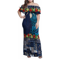Samoa Siapo Polynesian Art Family Matching Off Shoulder Maxi Dress and Hawaiian Shirt Tropical Flowers and Tatau Pattern Navy
