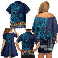 Samoa Siapo Polynesian Art Family Matching Off Shoulder Short Dress and Hawaiian Shirt Tropical Flowers and Tatau Pattern Navy