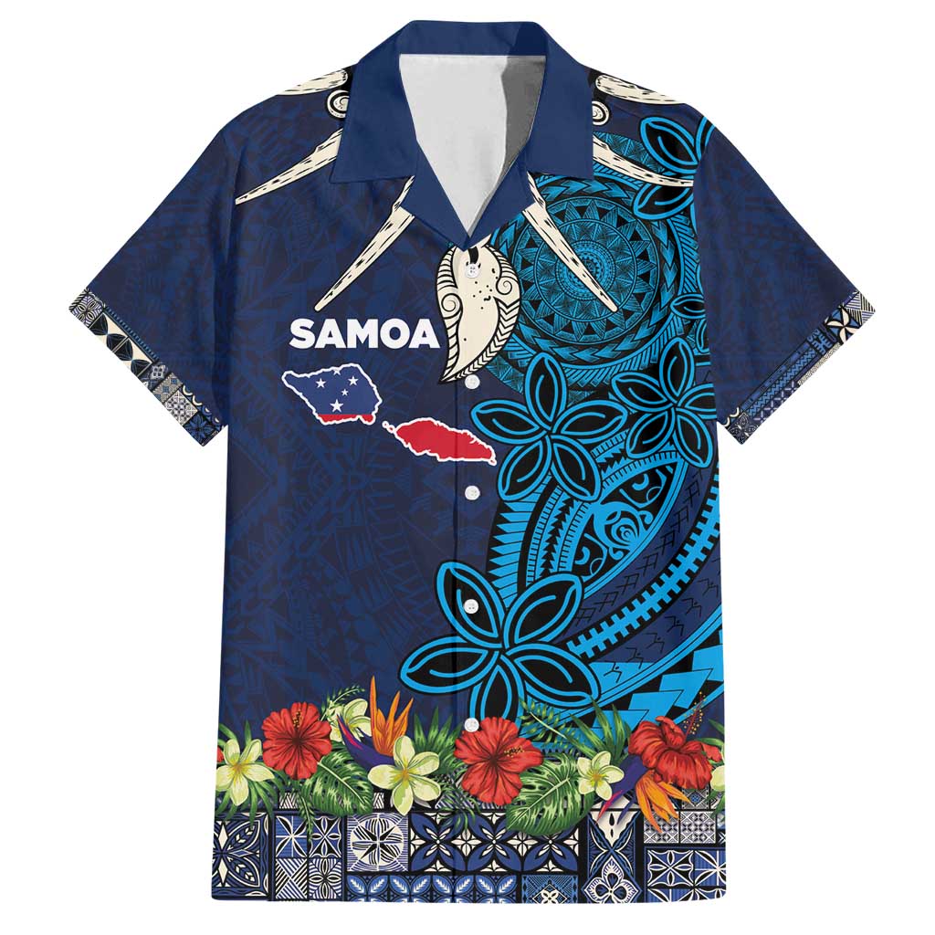 Samoa Siapo Polynesian Art Family Matching Off Shoulder Short Dress and Hawaiian Shirt Tropical Flowers and Tatau Pattern Navy