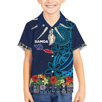 Samoa Siapo Polynesian Art Family Matching Off Shoulder Short Dress and Hawaiian Shirt Tropical Flowers and Tatau Pattern Navy
