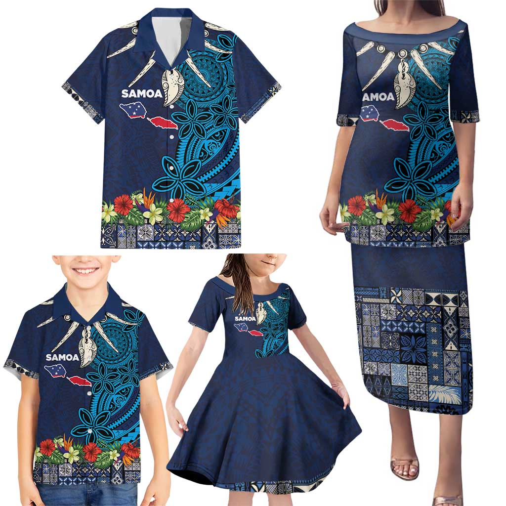 Samoa Siapo Polynesian Art Family Matching Puletasi and Hawaiian Shirt Tropical Flowers and Tatau Pattern Navy