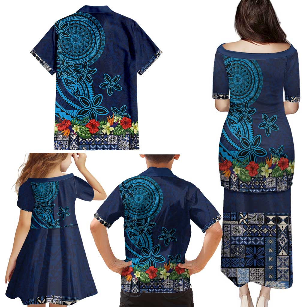 Samoa Siapo Polynesian Art Family Matching Puletasi and Hawaiian Shirt Tropical Flowers and Tatau Pattern Navy