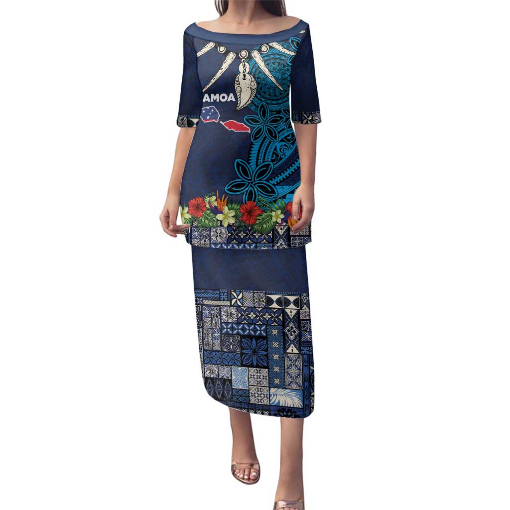 Samoa Siapo Polynesian Art Family Matching Puletasi and Hawaiian Shirt Tropical Flowers and Tatau Pattern Navy