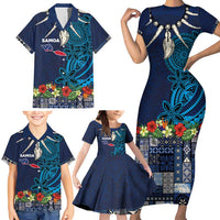 Samoa Siapo Polynesian Art Family Matching Short Sleeve Bodycon Dress and Hawaiian Shirt Tropical Flowers and Tatau Pattern Navy