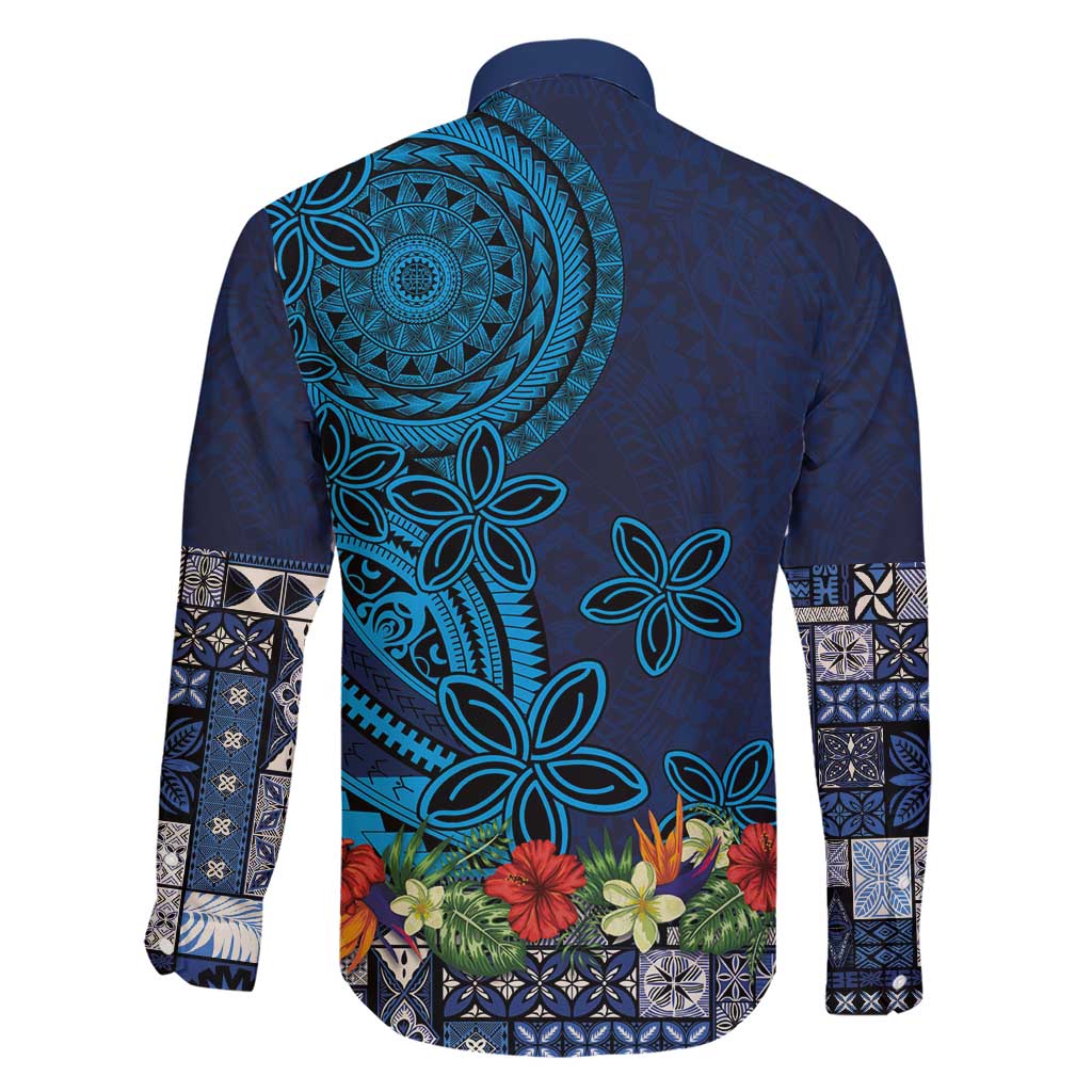Samoa Siapo Polynesian Art Family Matching Short Sleeve Bodycon Dress and Hawaiian Shirt Tropical Flowers and Tatau Pattern Navy