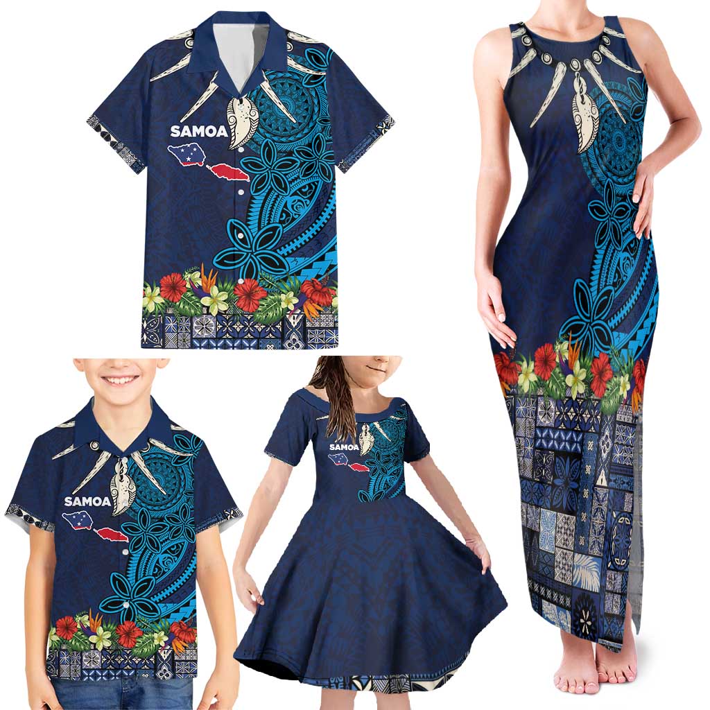 Samoa Siapo Polynesian Art Family Matching Tank Maxi Dress and Hawaiian Shirt Tropical Flowers and Tatau Pattern Navy