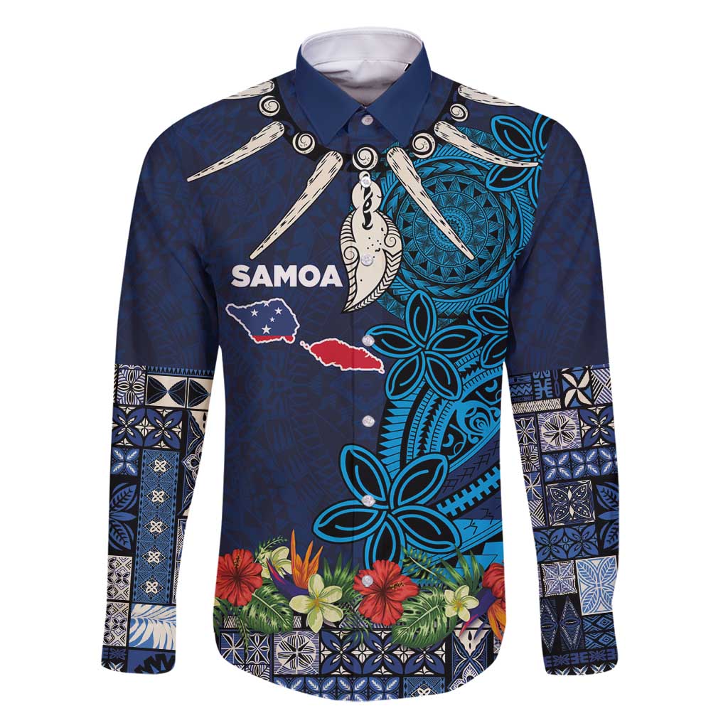 Samoa Siapo Polynesian Art Family Matching Tank Maxi Dress and Hawaiian Shirt Tropical Flowers and Tatau Pattern Navy