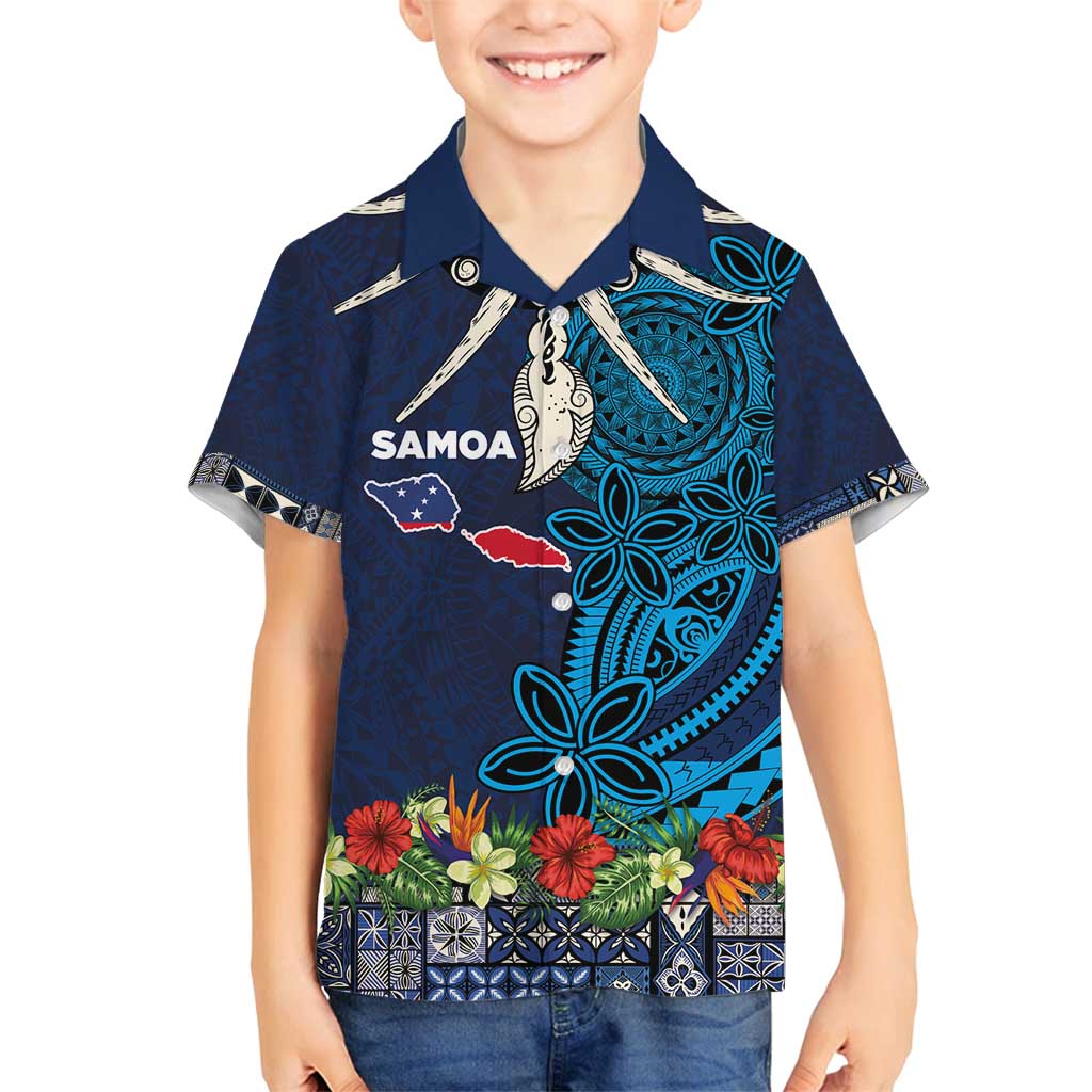 Samoa Siapo Polynesian Art Family Matching Tank Maxi Dress and Hawaiian Shirt Tropical Flowers and Tatau Pattern Navy
