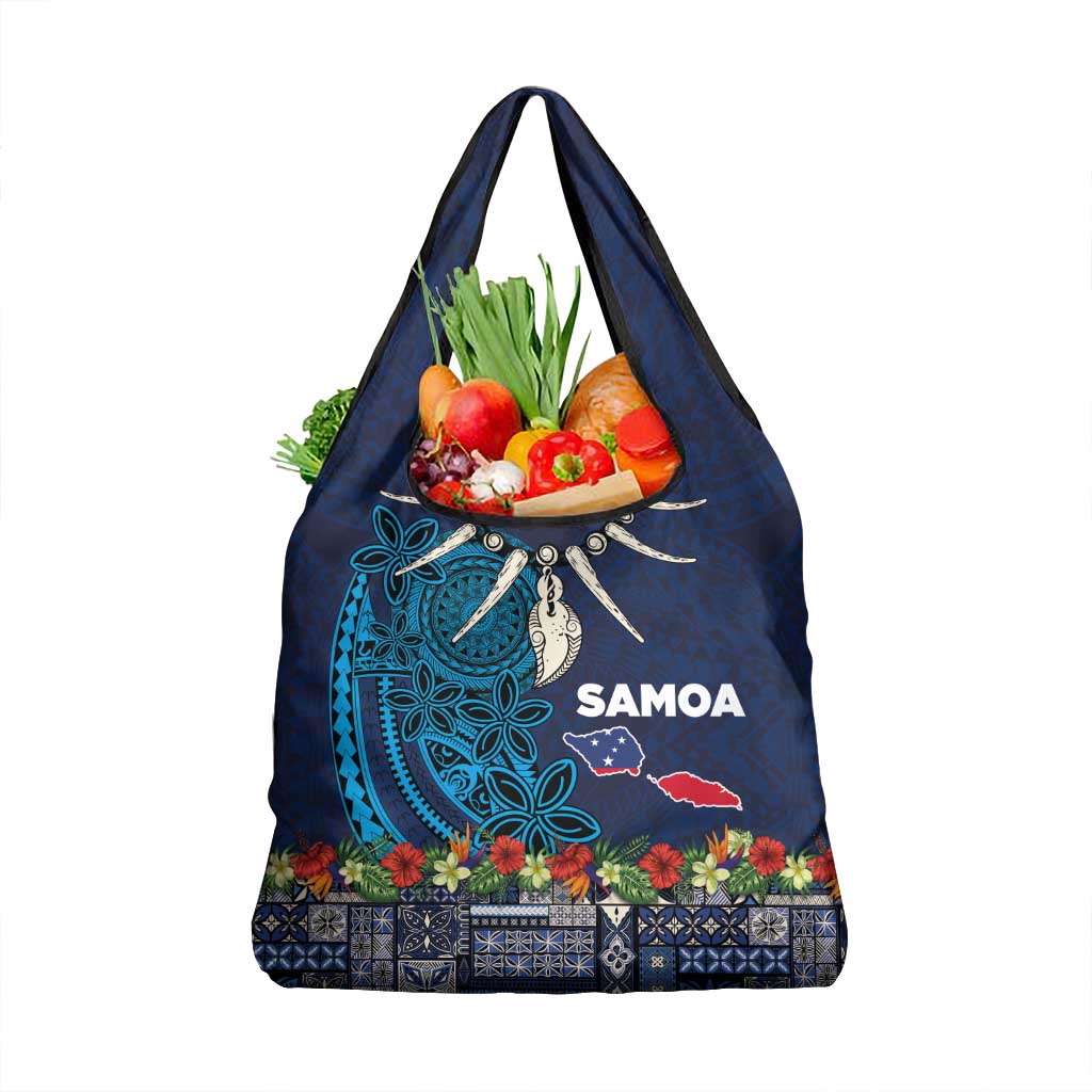 Samoa Siapo Polynesian Art Grocery Bag Tropical Flowers and Tatau Pattern Navy