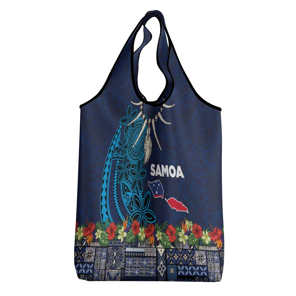 Samoa Siapo Polynesian Art Grocery Bag Tropical Flowers and Tatau Pattern Navy LT03 - Polynesian Pride