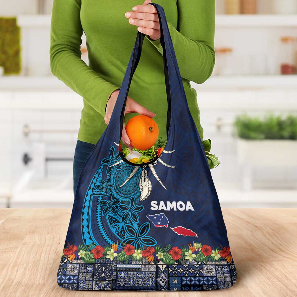 Samoa Siapo Polynesian Art Grocery Bag Tropical Flowers and Tatau Pattern Navy LT03 - Polynesian Pride