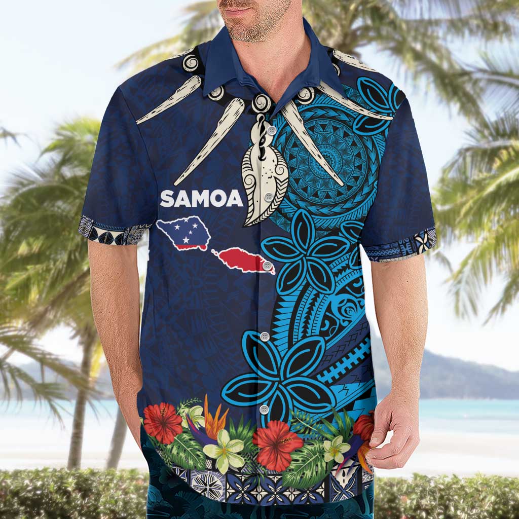 Samoa Siapo Polynesian Art Hawaiian Shirt Tropical Flowers and Tatau Pattern Navy LT03 - Polynesian Pride