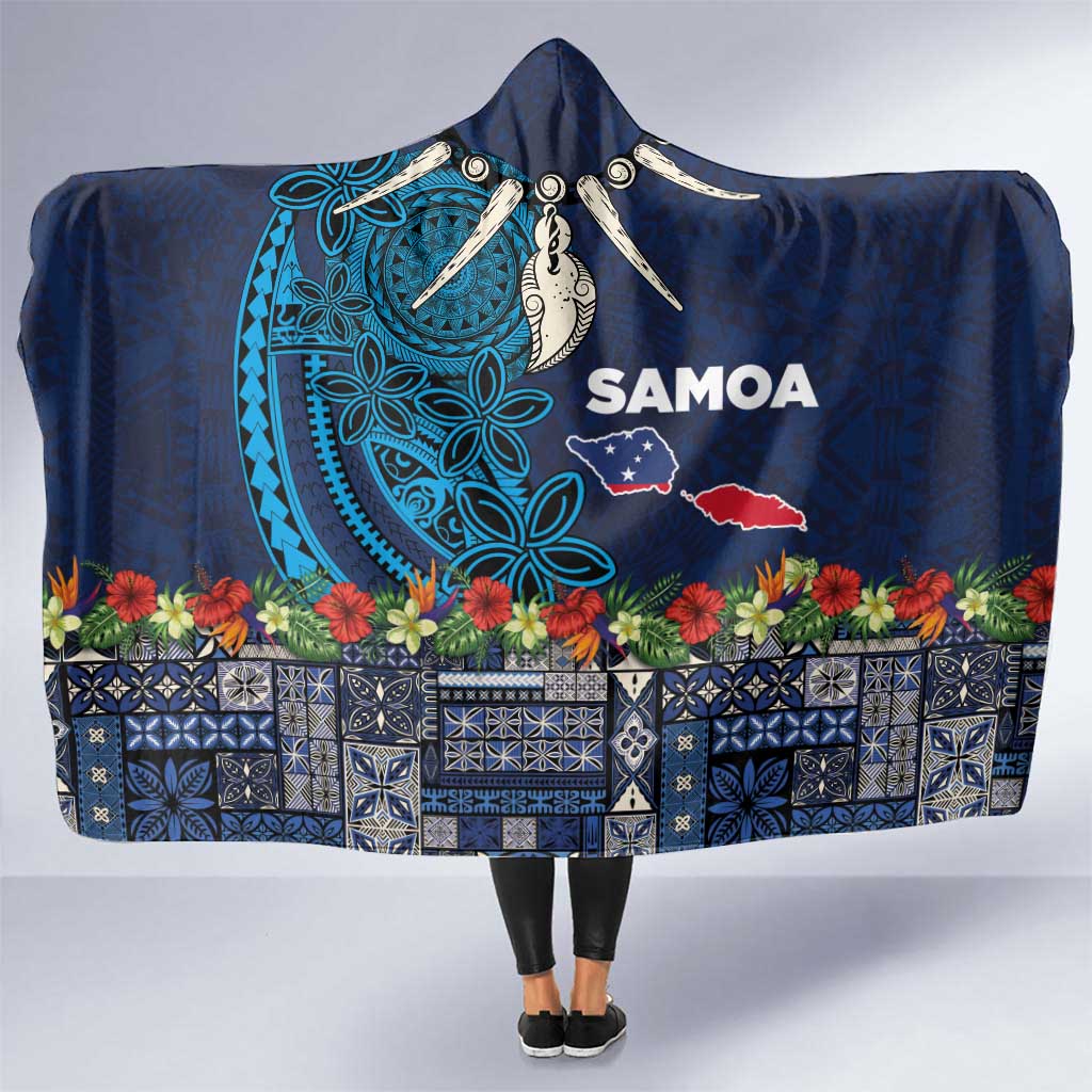 Samoa Siapo Polynesian Art Hooded Blanket Tropical Flowers and Tatau Pattern Navy LT03 One Size Navy - Polynesian Pride
