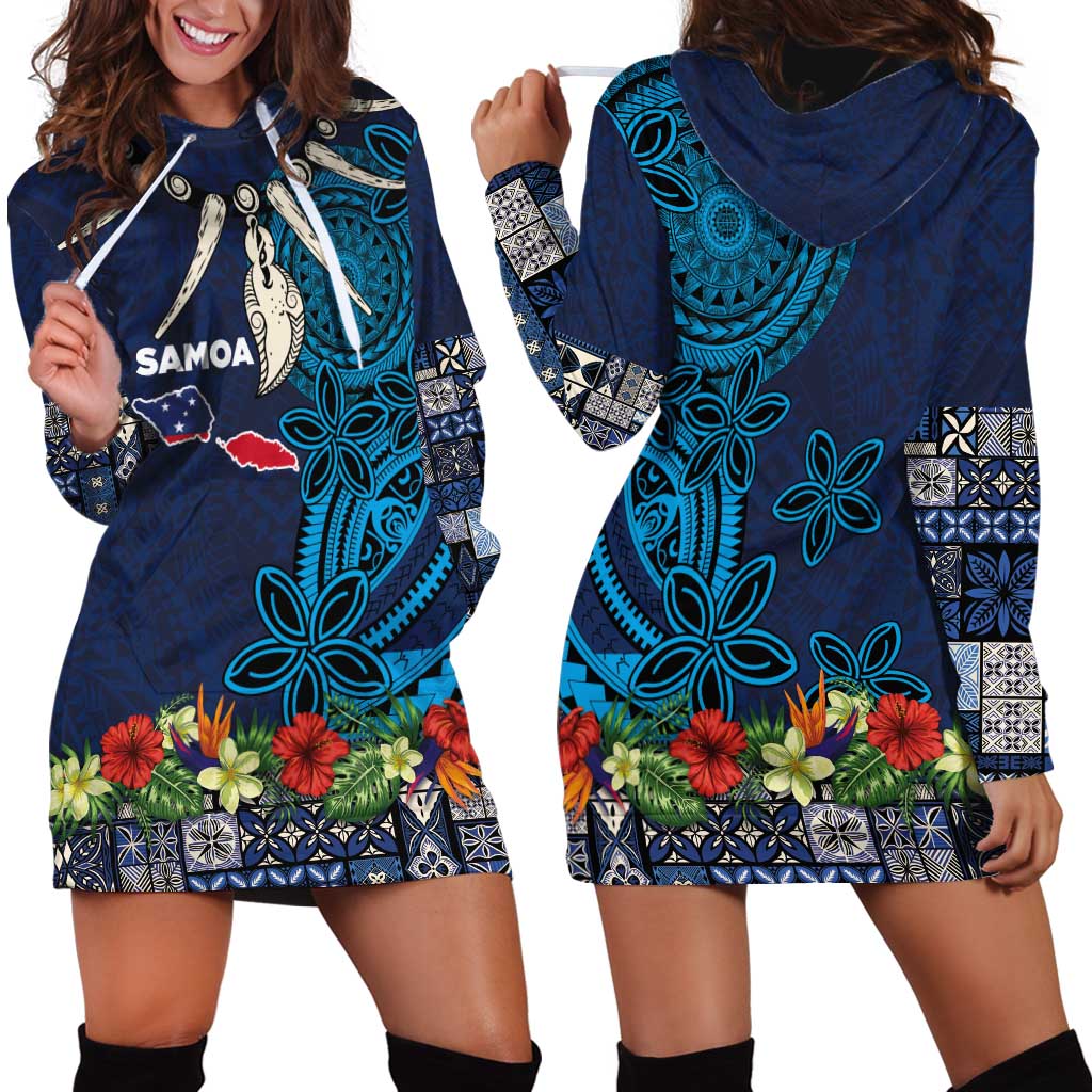 Samoa Siapo Polynesian Art Hoodie Dress Tropical Flowers and Tatau Pattern Navy