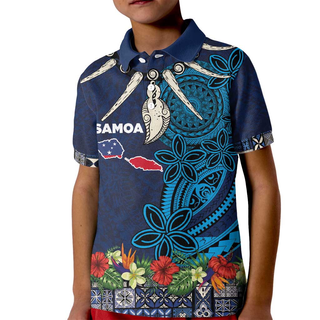 Samoa Siapo Polynesian Art Kid Polo Shirt Tropical Flowers and Tatau Pattern Navy