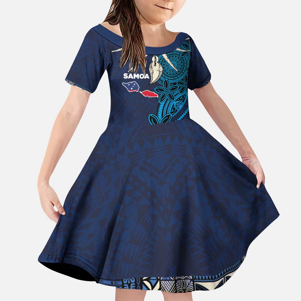 Samoa Siapo Polynesian Art Kid Short Sleeve Dress Tropical Flowers and Tatau Pattern Navy LT03 KID Navy - Polynesian Pride