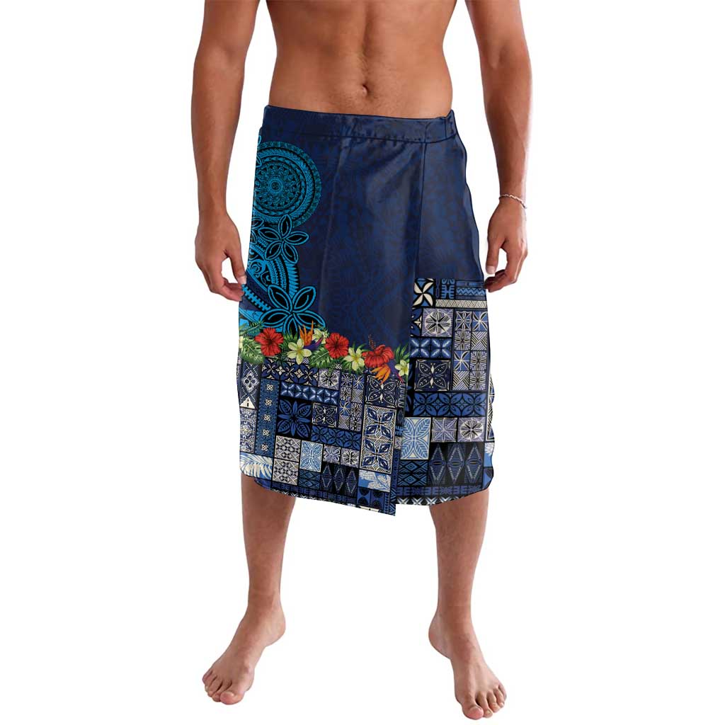 Samoa Siapo Polynesian Art Lavalava Tropical Flowers and Tatau Pattern Navy