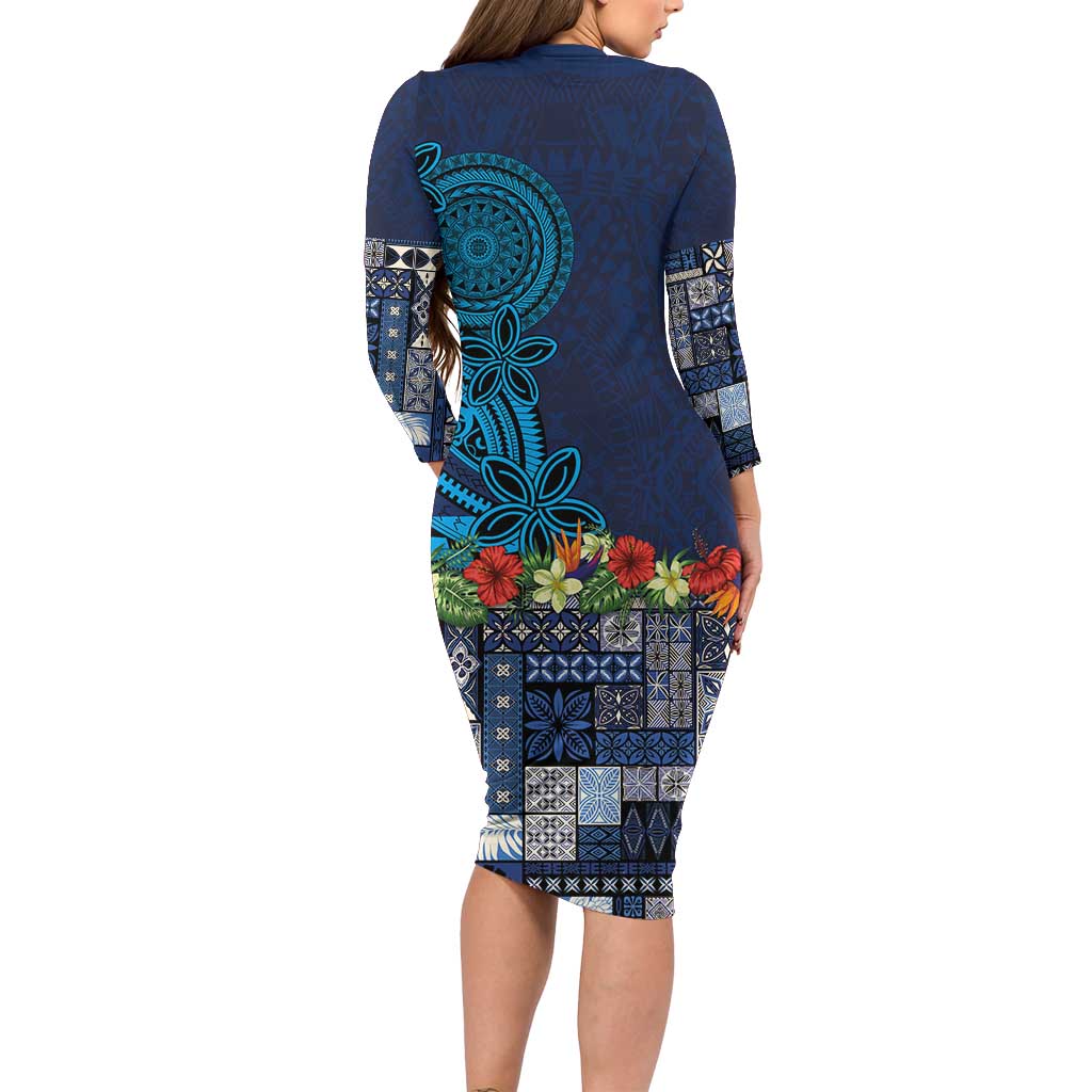 Samoa Siapo Polynesian Art Long Sleeve Bodycon Dress Tropical Flowers and Tatau Pattern Navy