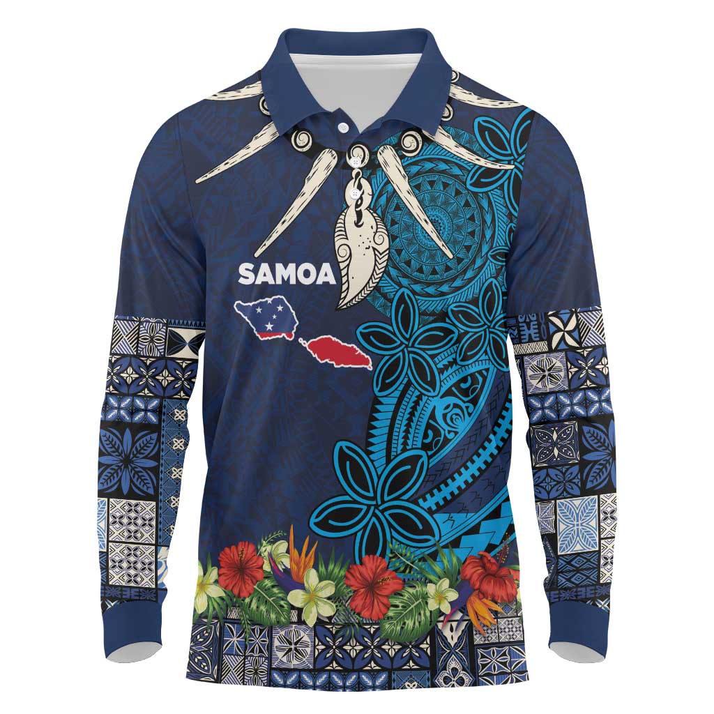 Samoa Siapo Polynesian Art Long Sleeve Polo Shirt Tropical Flowers and Tatau Pattern Navy