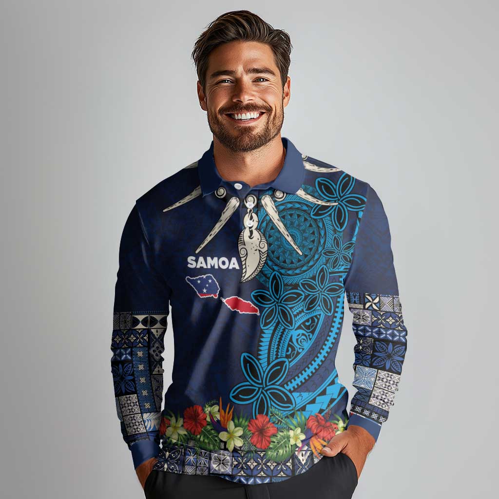 Samoa Siapo Polynesian Art Long Sleeve Polo Shirt Tropical Flowers and Tatau Pattern Navy