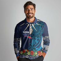 Samoa Siapo Polynesian Art Long Sleeve Polo Shirt Tropical Flowers and Tatau Pattern Navy