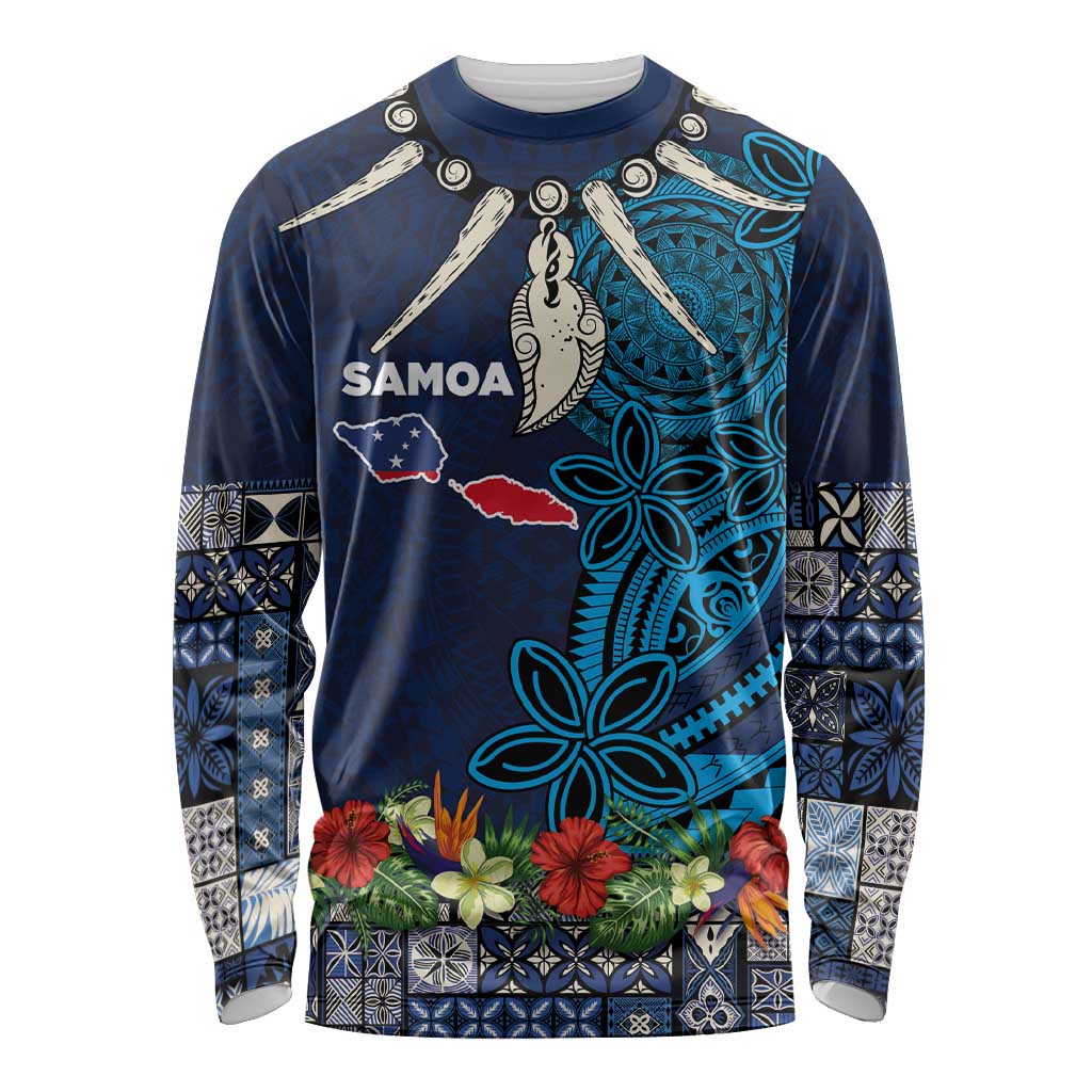 Samoa Siapo Polynesian Art Long Sleeve Shirt Tropical Flowers and Tatau Pattern Navy LT03 Unisex Navy - Polynesian Pride