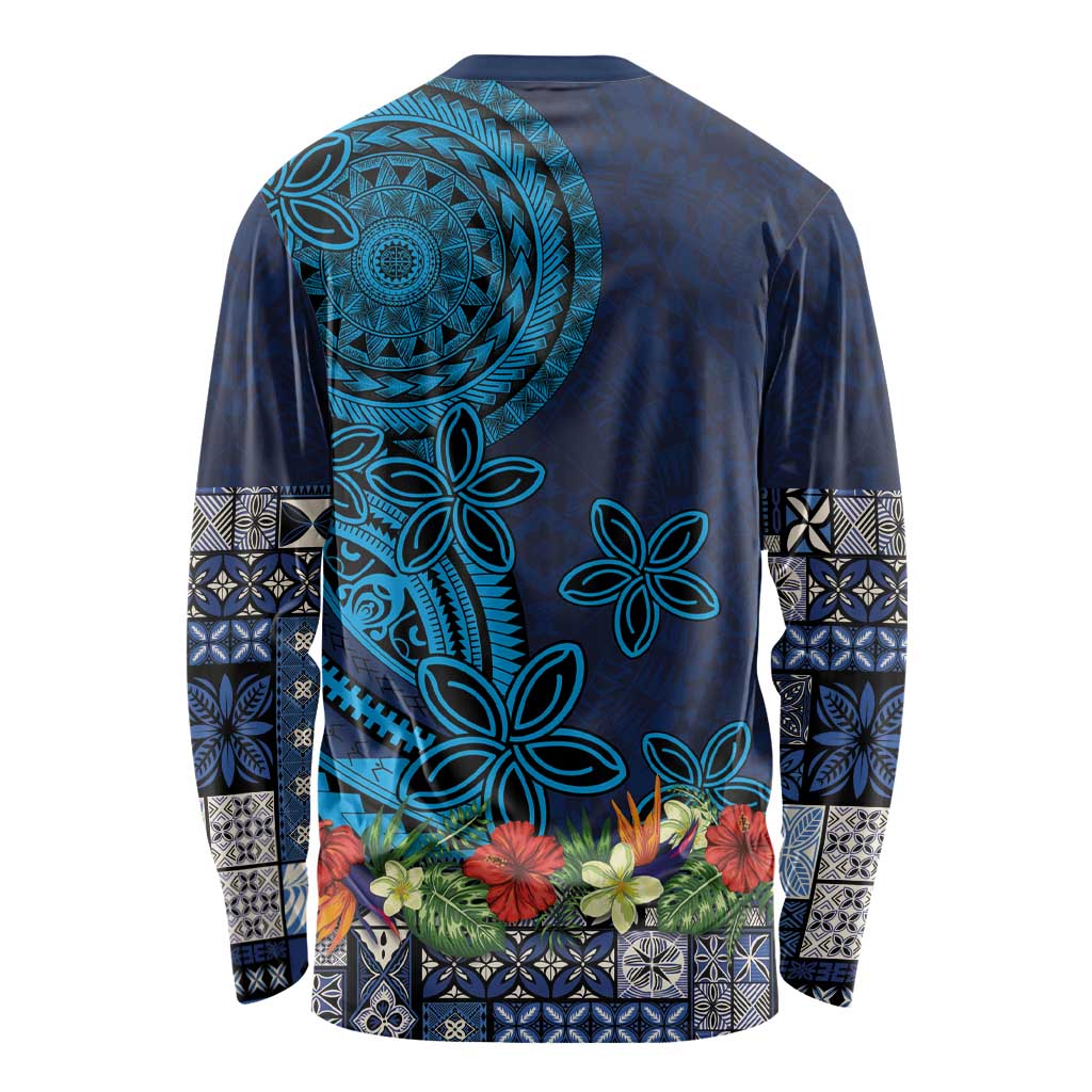 Samoa Siapo Polynesian Art Long Sleeve Shirt Tropical Flowers and Tatau Pattern Navy LT03 - Polynesian Pride
