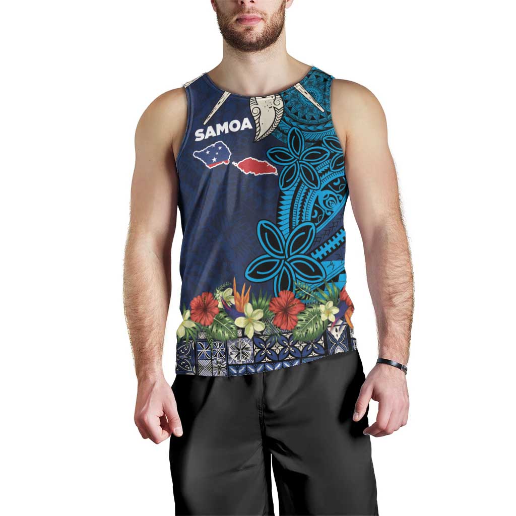 Samoa Siapo Polynesian Art Men Tank Top Tropical Flowers and Tatau Pattern Navy
