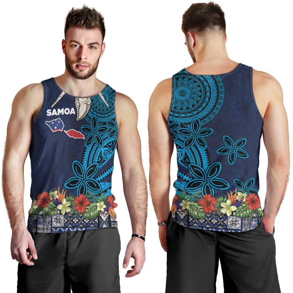 Samoa Siapo Polynesian Art Men Tank Top Tropical Flowers and Tatau Pattern Navy