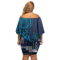 Samoa Siapo Polynesian Art Off Shoulder Short Dress Tropical Flowers and Tatau Pattern Navy