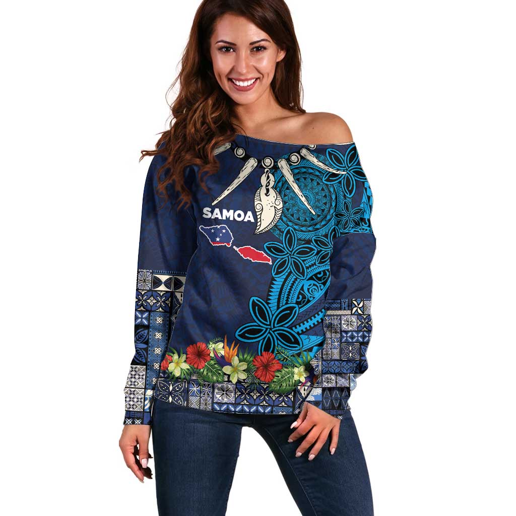 Samoa Siapo Polynesian Art Off Shoulder Sweater Tropical Flowers and Tatau Pattern Navy