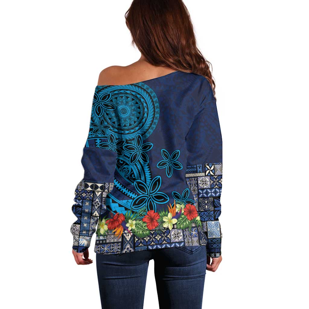 Samoa Siapo Polynesian Art Off Shoulder Sweater Tropical Flowers and Tatau Pattern Navy