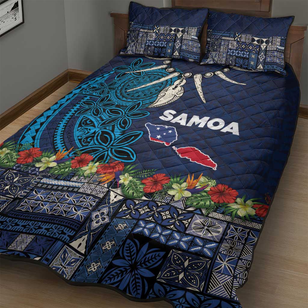 Samoa Siapo Polynesian Art Quilt Bed Set Tropical Flowers and Tatau Pattern Navy
