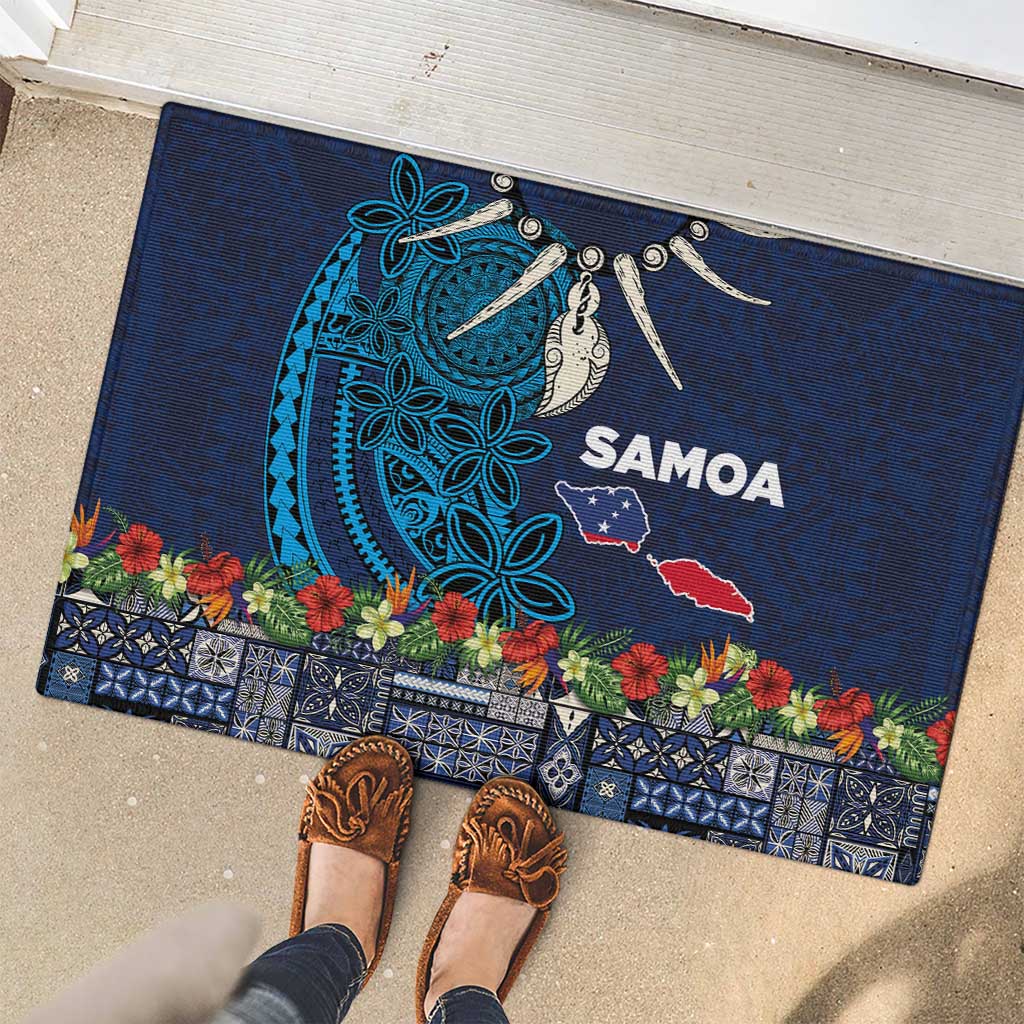 Samoa Siapo Polynesian Art Rubber Doormat Tropical Flowers and Tatau Pattern Navy LT03 - Polynesian Pride