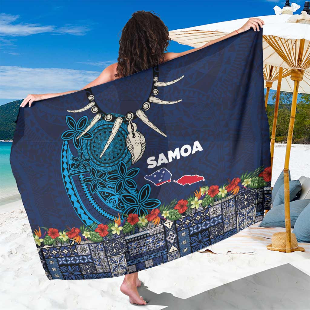Samoa Siapo Polynesian Art Sarong Tropical Flowers and Tatau Pattern Navy