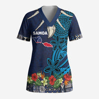Samoa Siapo Polynesian Art Scrub Top Tropical Flowers and Tatau Pattern Navy LT03 Adult Navy - Polynesian Pride