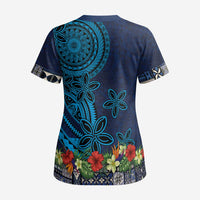 Samoa Siapo Polynesian Art Scrub Top Tropical Flowers and Tatau Pattern Navy LT03 - Polynesian Pride