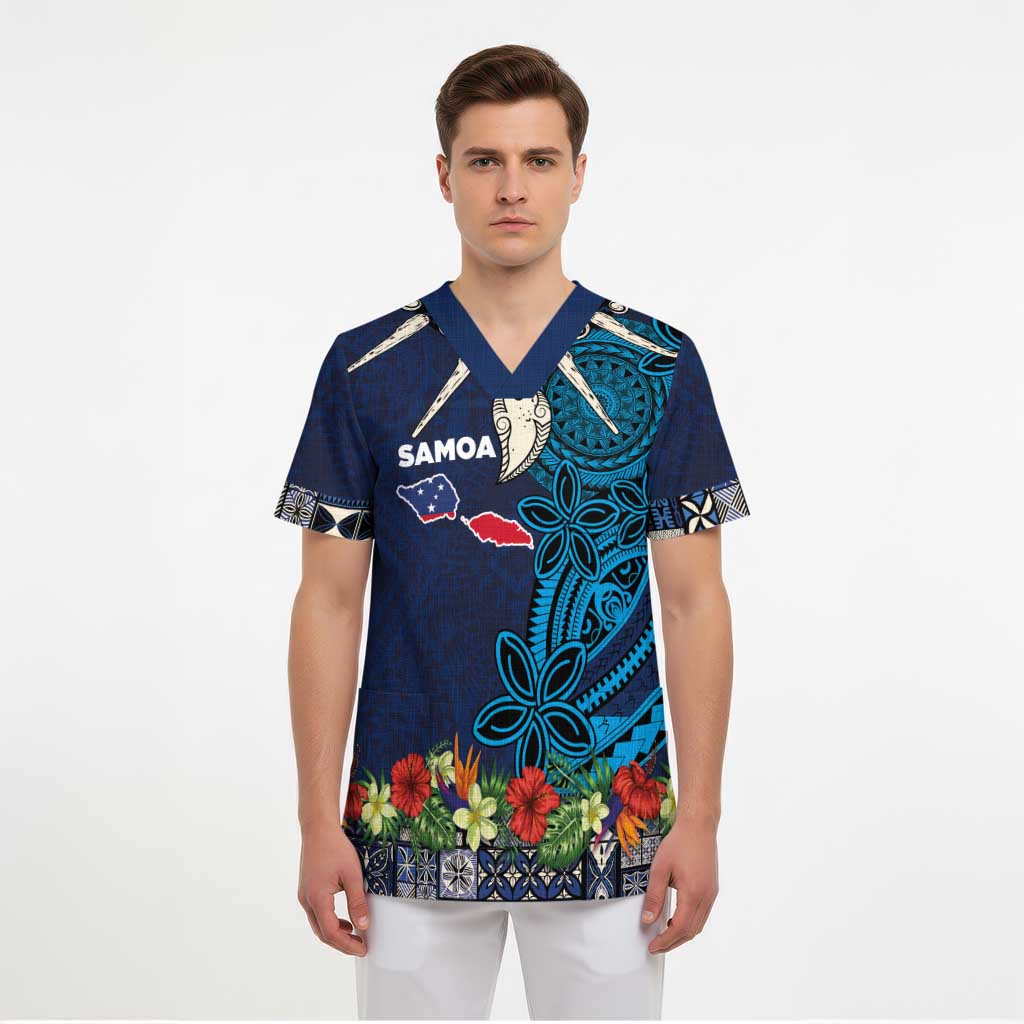 Samoa Siapo Polynesian Art Scrub Top Tropical Flowers and Tatau Pattern Navy LT03 - Polynesian Pride