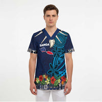 Samoa Siapo Polynesian Art Scrub Top Tropical Flowers and Tatau Pattern Navy LT03 - Polynesian Pride