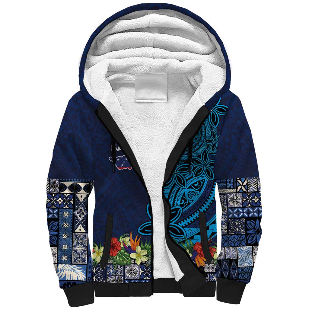 Samoa Siapo Polynesian Art Sherpa Hoodie Tropical Flowers and Tatau Pattern Navy LT03 Unisex Navy - Polynesian Pride