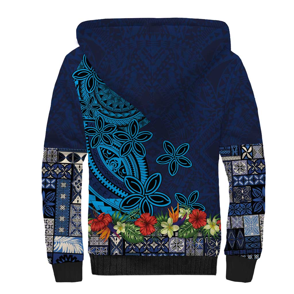Samoa Siapo Polynesian Art Sherpa Hoodie Tropical Flowers and Tatau Pattern Navy LT03 - Polynesian Pride