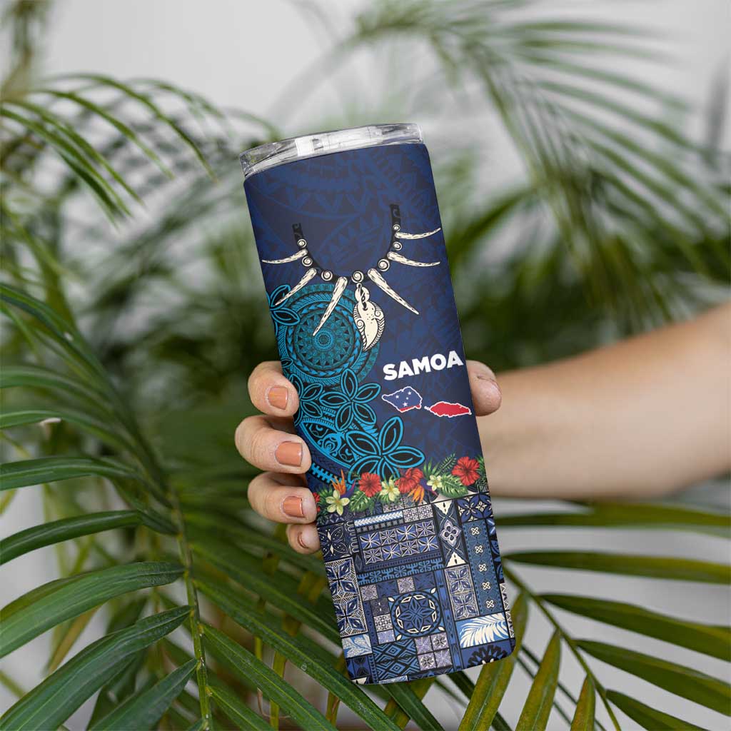 Samoa Siapo Polynesian Art Skinny Tumbler Tropical Flowers and Tatau Pattern Navy