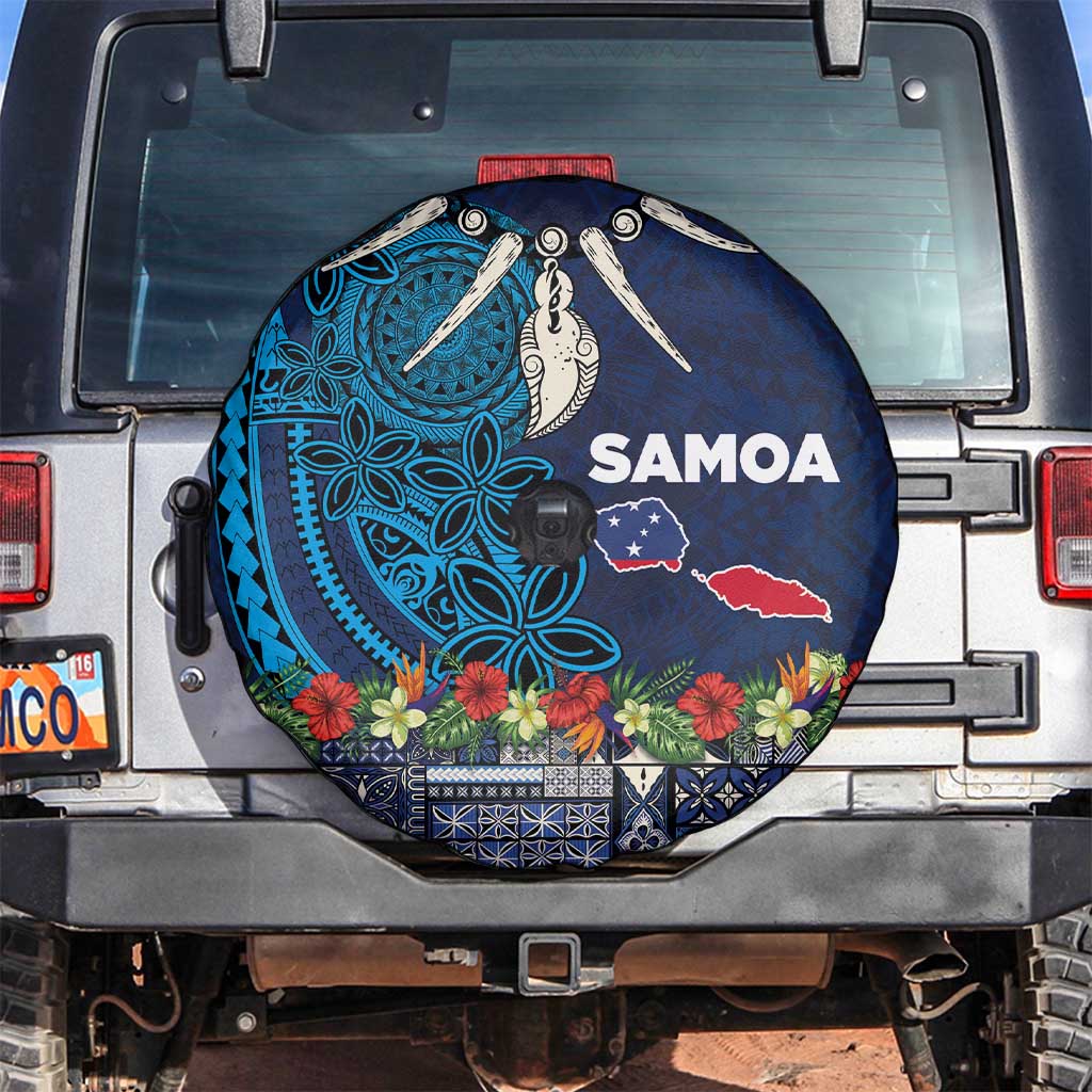 Samoa Siapo Polynesian Art Spare Tire Cover Tropical Flowers and Tatau Pattern Navy