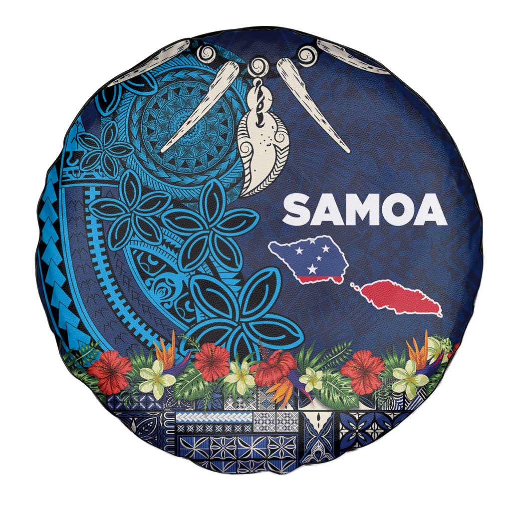 Samoa Siapo Polynesian Art Spare Tire Cover Tropical Flowers and Tatau Pattern Navy