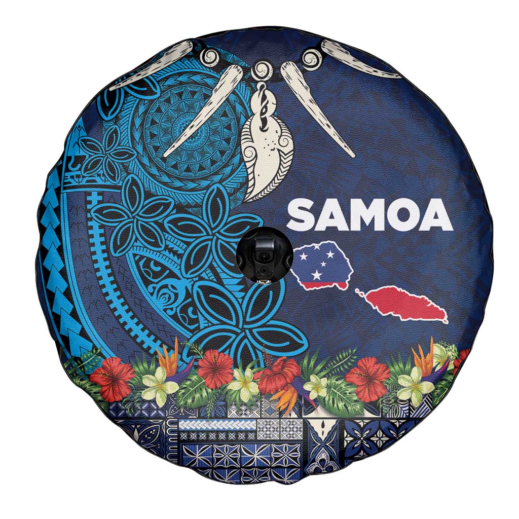 Samoa Siapo Polynesian Art Spare Tire Cover Tropical Flowers and Tatau Pattern Navy