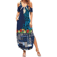 Samoa Siapo Polynesian Art Summer Maxi Dress Tropical Flowers and Tatau Pattern Navy