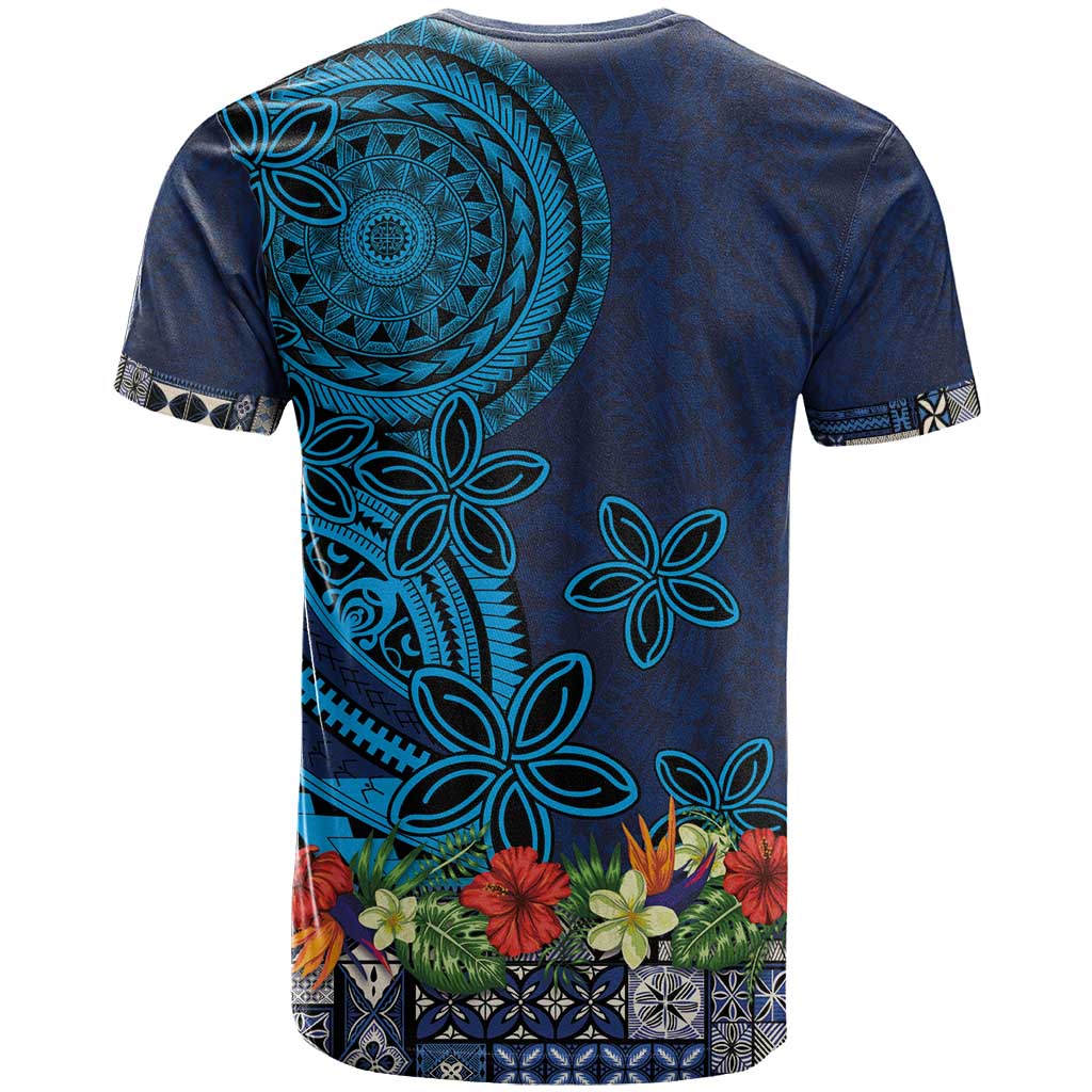 Samoa Siapo Polynesian Art T Shirt Tropical Flowers and Tatau Pattern Navy