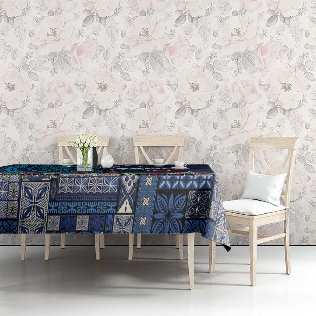 Samoa Siapo Polynesian Art Tablecloth Tropical Flowers and Tatau Pattern Navy LT03 - Polynesian Pride